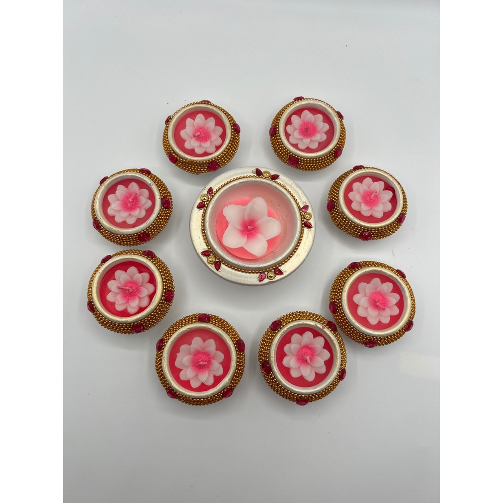 9pc Diwali Diya Set Pink Floral Decorative Clay Oil Lamps Gold Bead Rhinestone